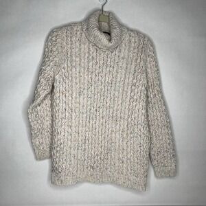 Lands End Cream Speckled Chunky Cable Knit Sweater‎ Womens L Turtleneck Wool